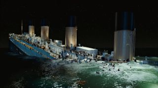 Titanic sinks in this still from the movie Titanic