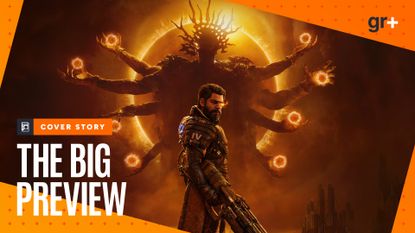Arjun Devraj stands in front of an eight-armed figure in front of an eclipse in key art for Saros, covered with the GamesRadar The Big Preview frame