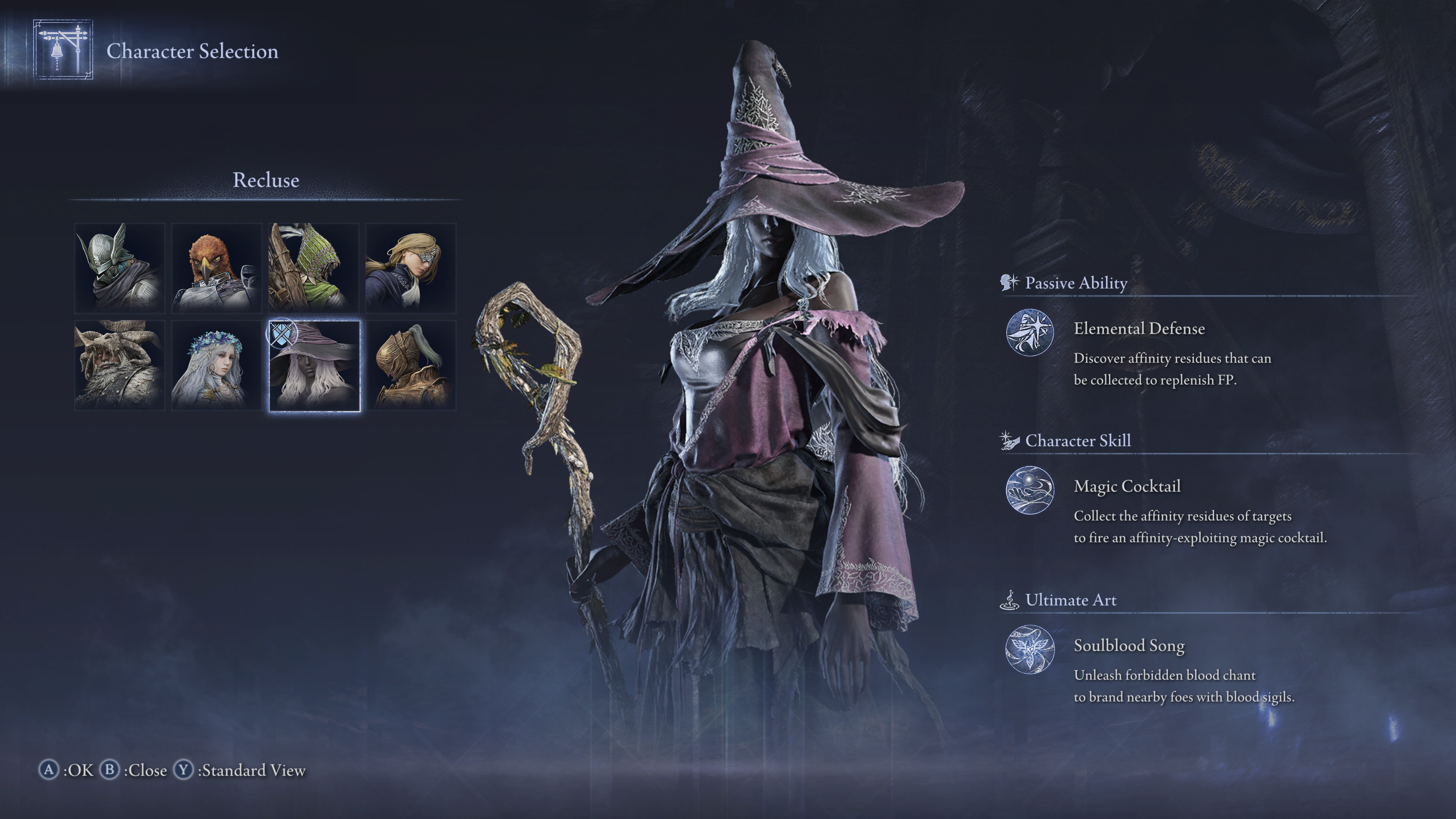 Elden Ring Nightreign Recluse build: Recluse in the character selection screen, showing her abilities.