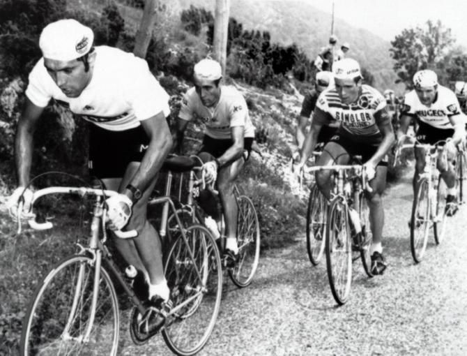 Eddy Merckx, Luis Ocana and Lucien Van Impe in the 1971 Tour de France. Ocana would later crash out of the race in this stage.