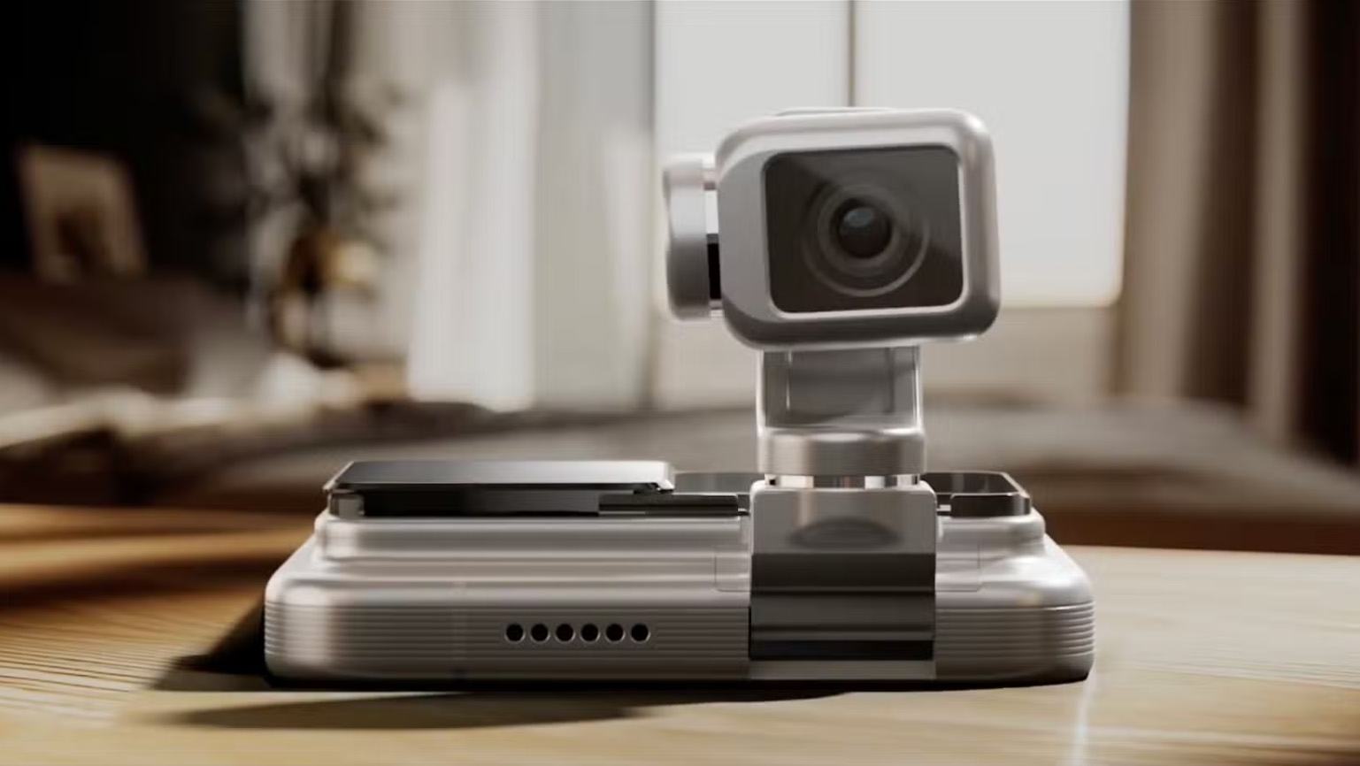 A render of the Honor Robot Phone concept product sitting on a desk with the camera module extended and light coming in from the top right of the image