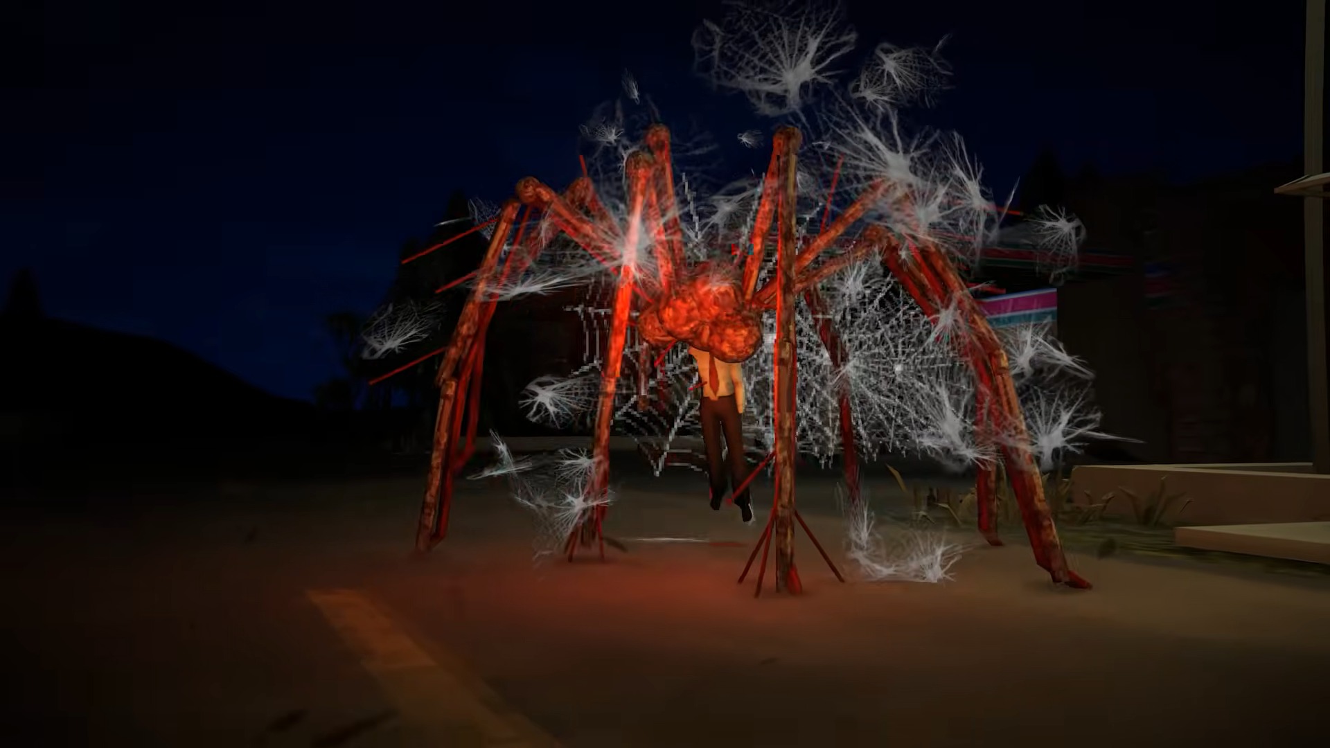 A large, red, spider-like creature with glowing body and web strands stands on a dark street at night, wrapping a person in its web.