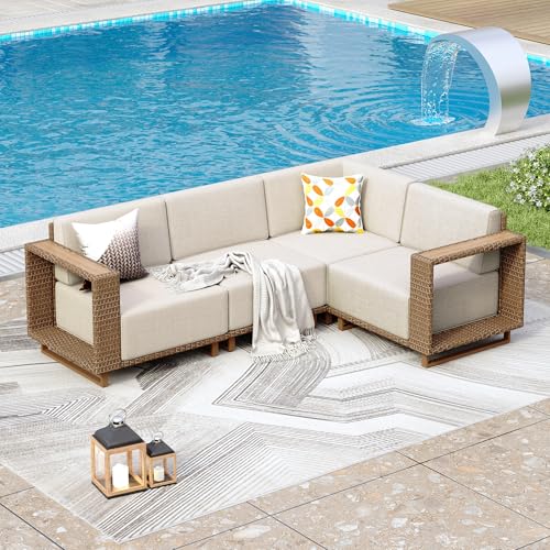 Phi Vllla Rattan Garden Furniture Sets 4 Seater, L Shaped Corer Sofa Balcony Convervatory Modular Furniture With Thickened Cushions and Pillows for Backyard Porch, Beige