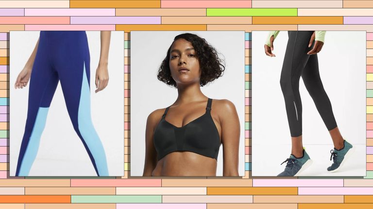 A selection of the best workout clothes is pictured in boxes ontop of a graphic coloured background, the images in the boxes are leggings from ASOS, a bra top from Nike and leggings from M&S