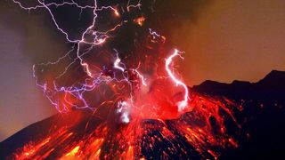 a volcano erupting with lightning strikes coming from the crater