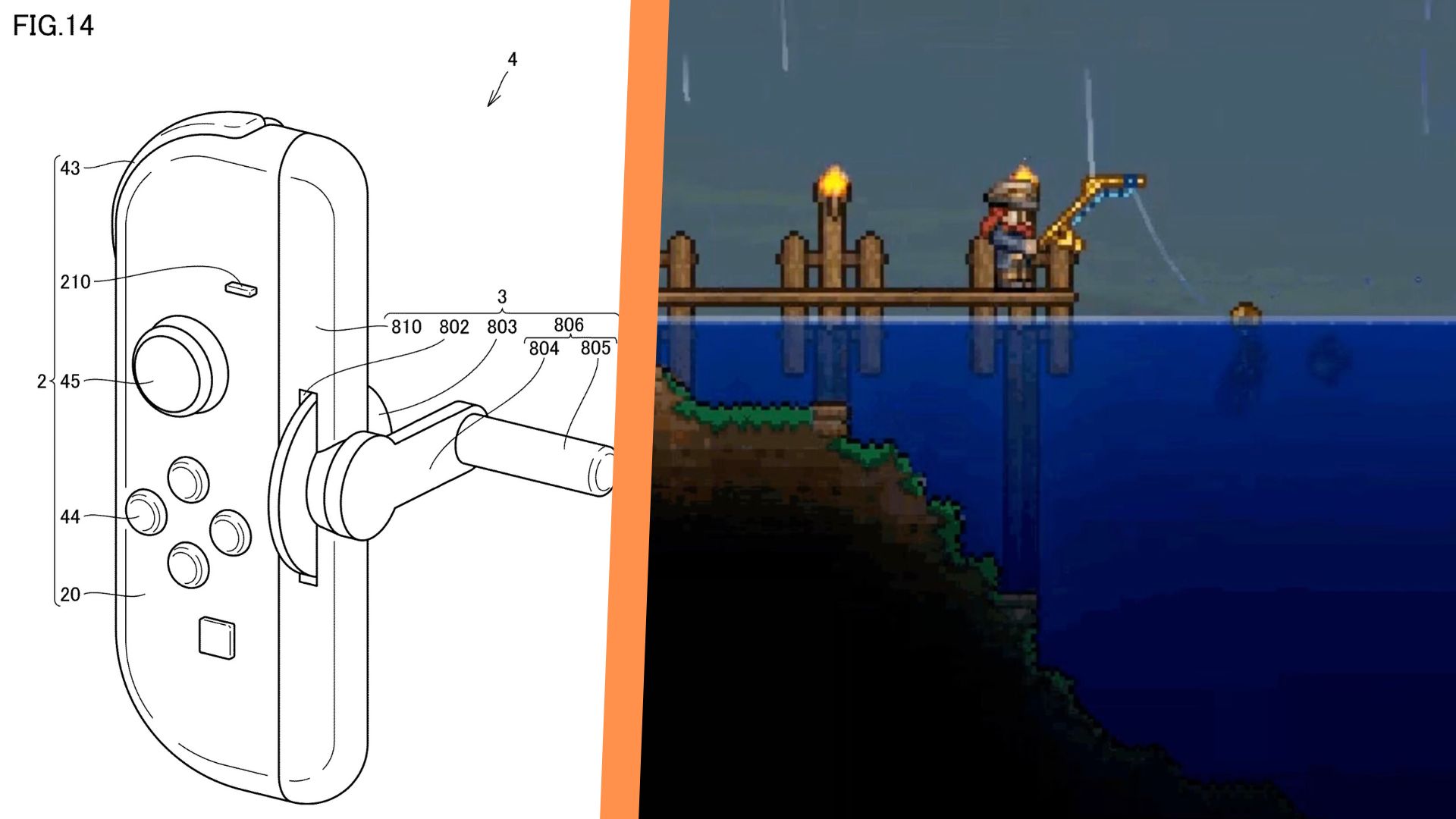 A screenshot of a Terraria character fishing, next to the patent image for Nintendo&#039;s fishing crank Joy-Con 2 attachment