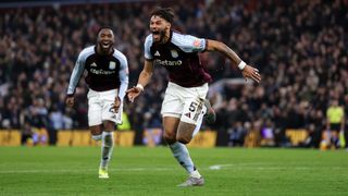 Tyrone Mings of Aston Villa celebrates his goal during the Premier League match between Aston Villa and Brighton & Hove Albion at Villa Park on February 11, 2026 in Birmingham, England. 