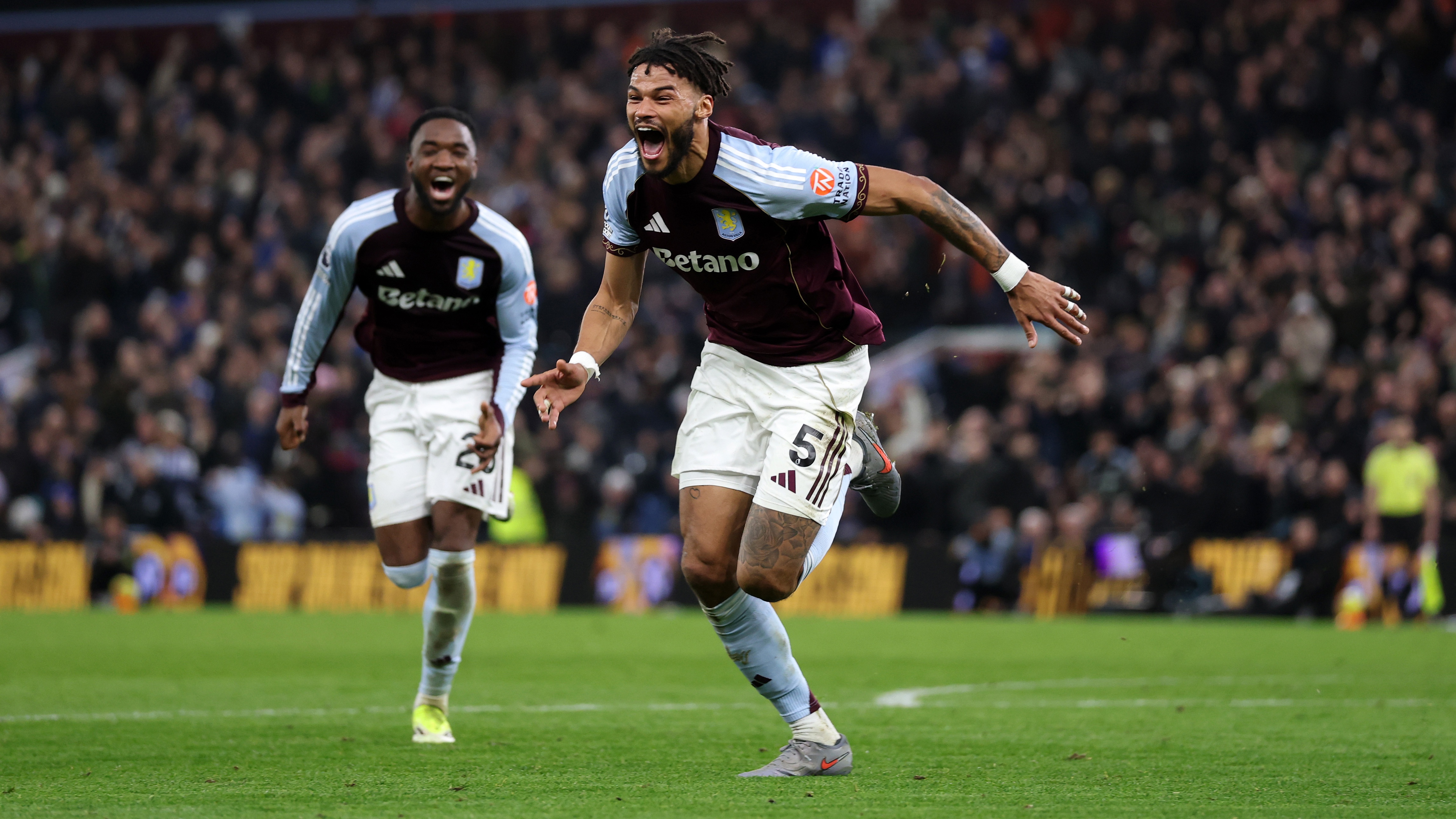 Tyrone Mings of Aston Villa celebrates his goal during the Premier League match between Aston Villa and Brighton &amp; Hove Albion at Villa Park on February 11, 2026 in Birmingham, England. 