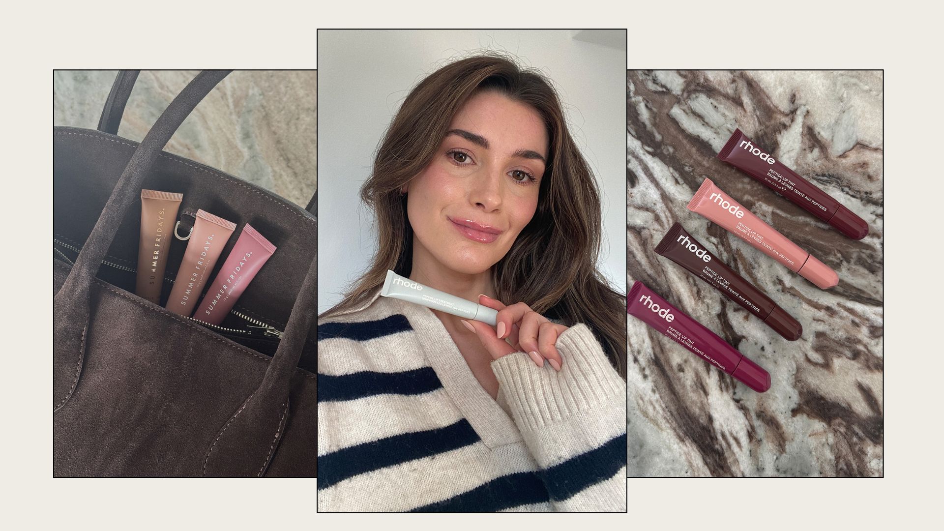 Collage of beauty editor Eleanor testing the best lip balms, featuring Rhode and Summer Fridays