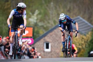 Italian Marta Cavalli of FDJ Nouvelle-Aquitaine Futuroscope and Dutch Annemiek van Vleuten of Movistar Team sprints to the finish of the 25th edition of the women's race 'La Fleche Wallonne', a one day cycling race (Waalse Pijl - Walloon Arrow), 133,4 km from Huy to Huy, Wednesday 20 April 2022. BELGA PHOTO BENOIT DOPPAGNE (Photo by BENOIT DOPPAGNE / BELGA MAG / Belga via AFP) (Photo by BENOIT DOPPAGNE/BELGA MAG/AFP via Getty Images)