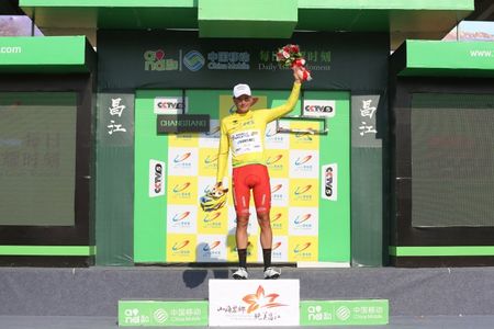 Fausto Masnada in the yellow jersey at the Tour of Hainan.