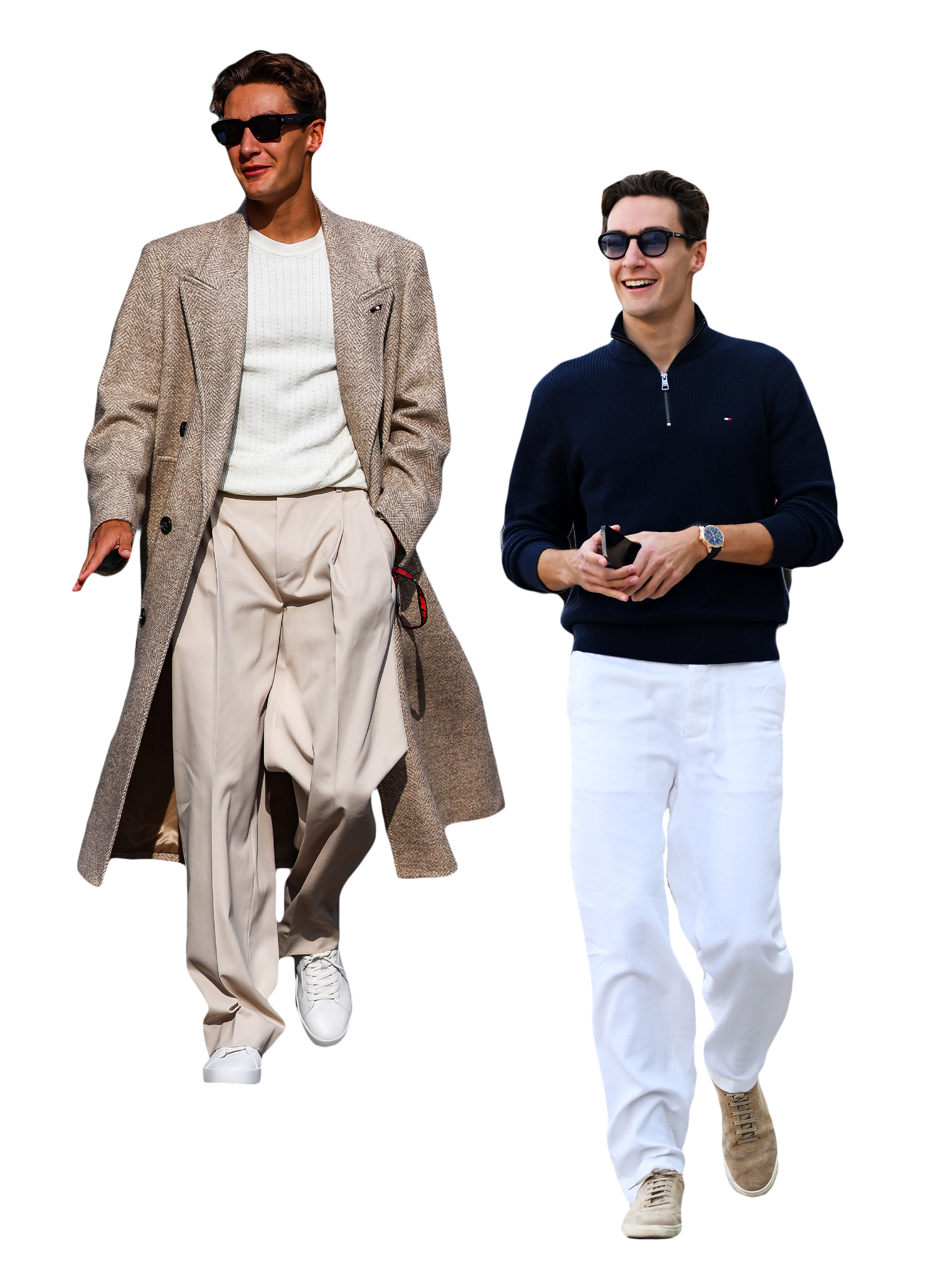 A collage of F1 paddock outfit photos of George Russell.