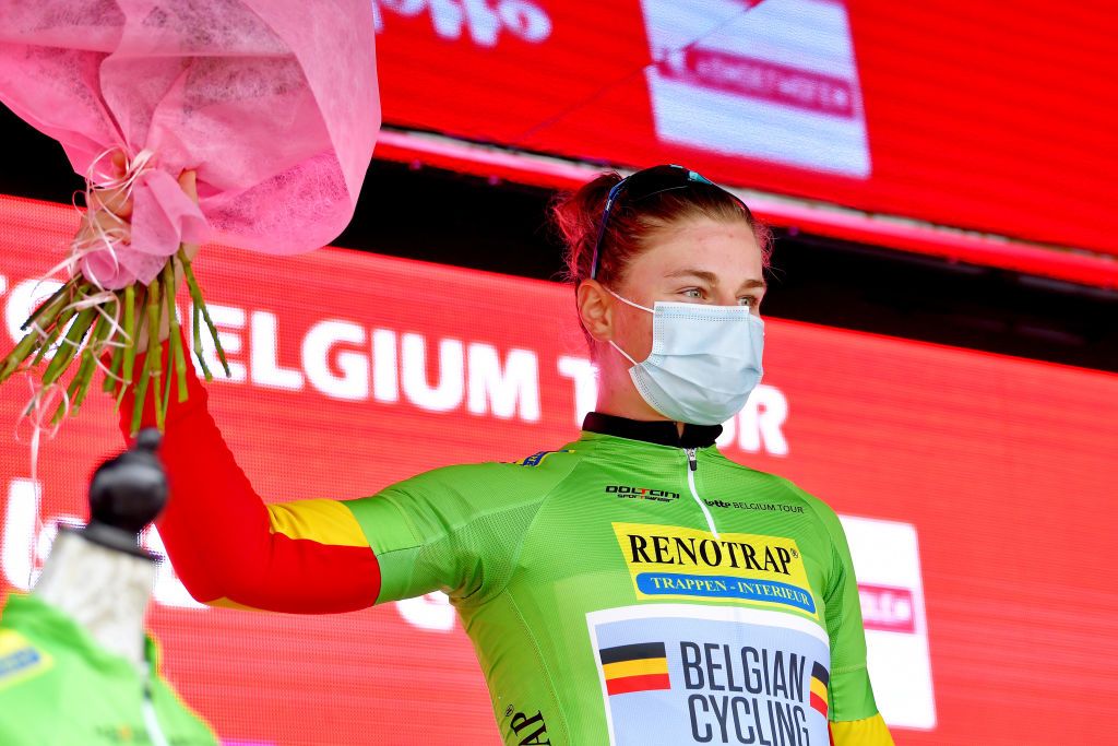 GALMAARDEN BELGIUM JUNE 24 Lotte Kopecky of Belgium and Belgium National Team Green Points Jersey celebrates at podium during the 9th Lotto Belgium Tour 2021 Stage 2 a 1375km stage from Galmaarden to Galmaarden LottoBelgTour LottoBelgiumTour on June 24 2021 in Galmaarden Belgium Photo by Luc ClaessenGetty Images