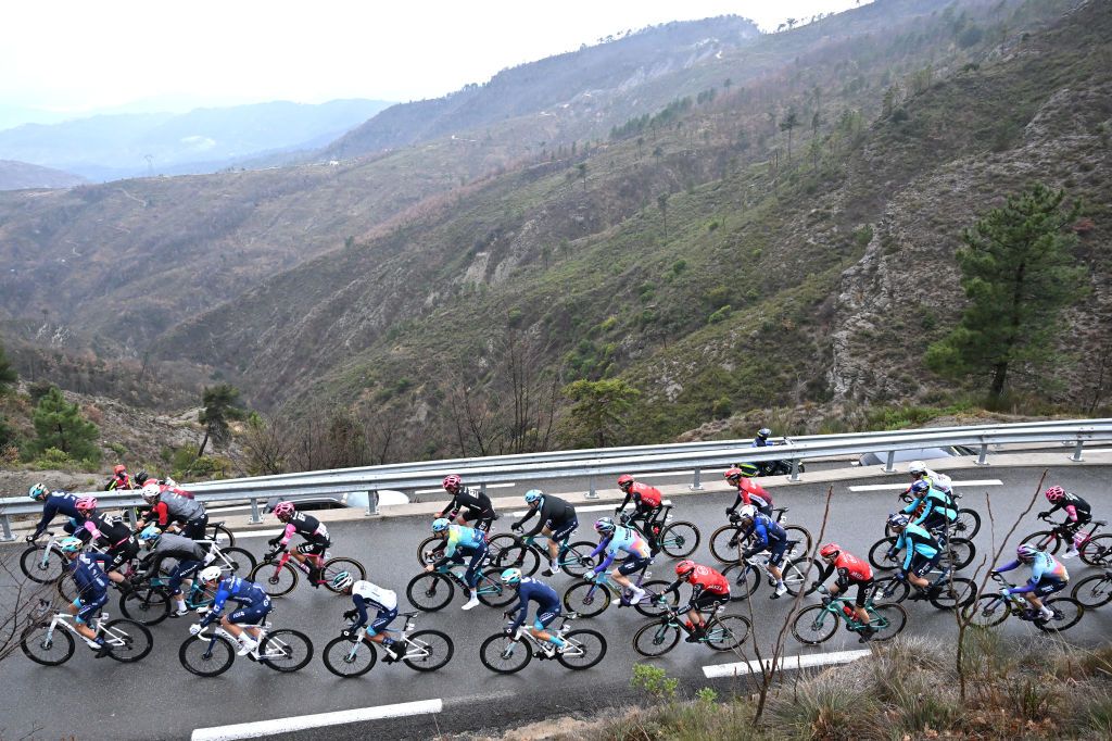 GOURDON FRANCE FEBRUARY 22 A general view of the peloton competing during the 57th Tour des Alpes Maritimes et du Var 2025 Stage 1 a 1624km stage from Contes to Gourdon on February 22 2025 in Gourdon France Photo by Billy CeustersGetty Images