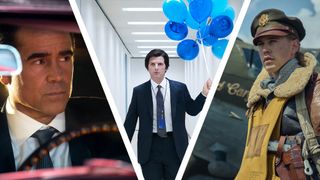 Colin Farrell's John Sugar sits in an open-top car in Apple TV Plus' Sugar series, next to Adam Scott in Severance season 2 holding blue balloons down an ominous hallway, plus a pilot scene from Masters of the Air