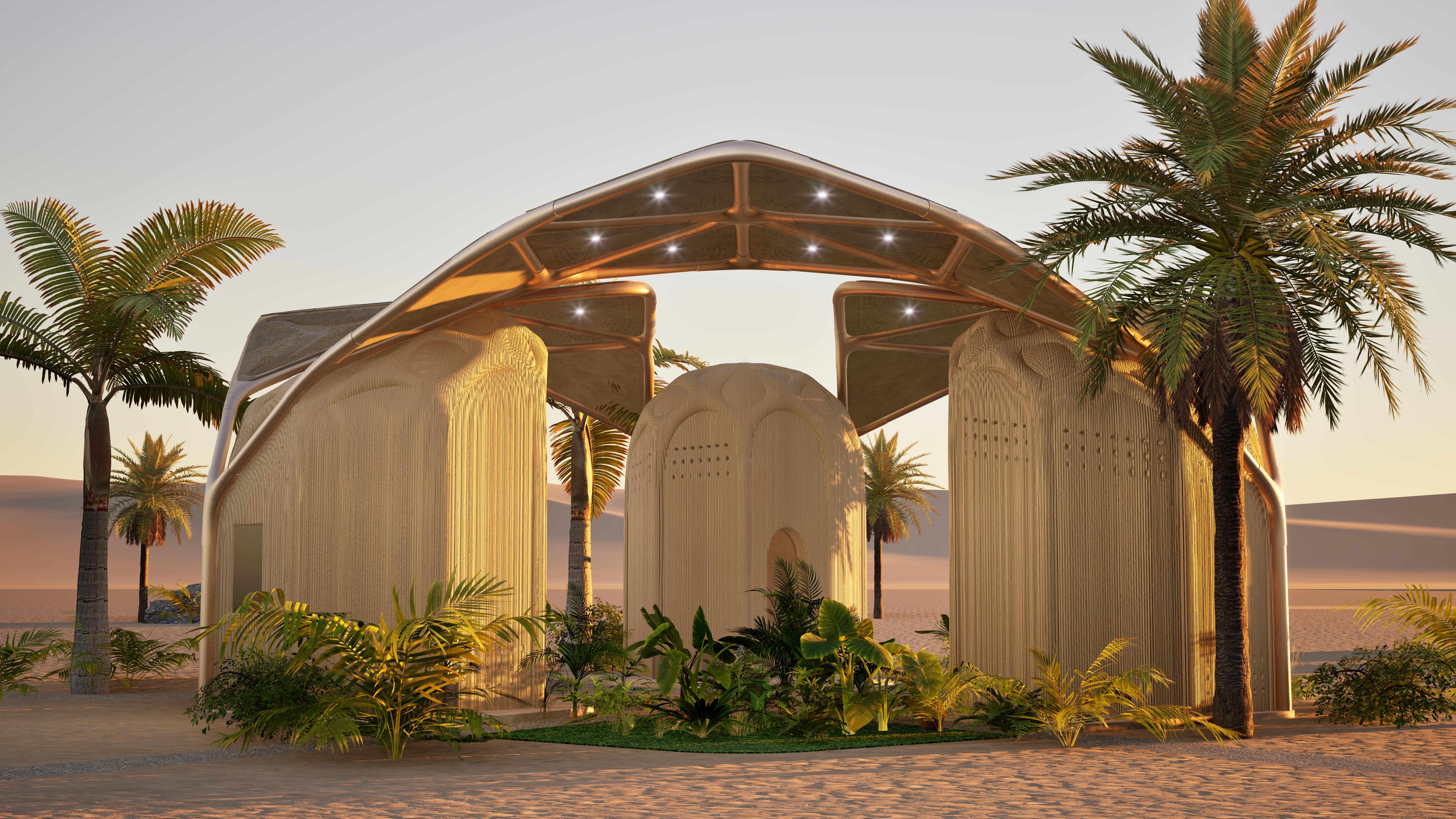 curved building in the desert landscape with palm trees