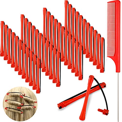 48 Pieces Hair Perm Rods Short Cold Wave Rods Plastic Perming Irons Hair Curling Rollers Curlers With Steel Pintail Comb Rat Tail Comb for Hairdressing Styling Supplies(0.2 Inch,red)