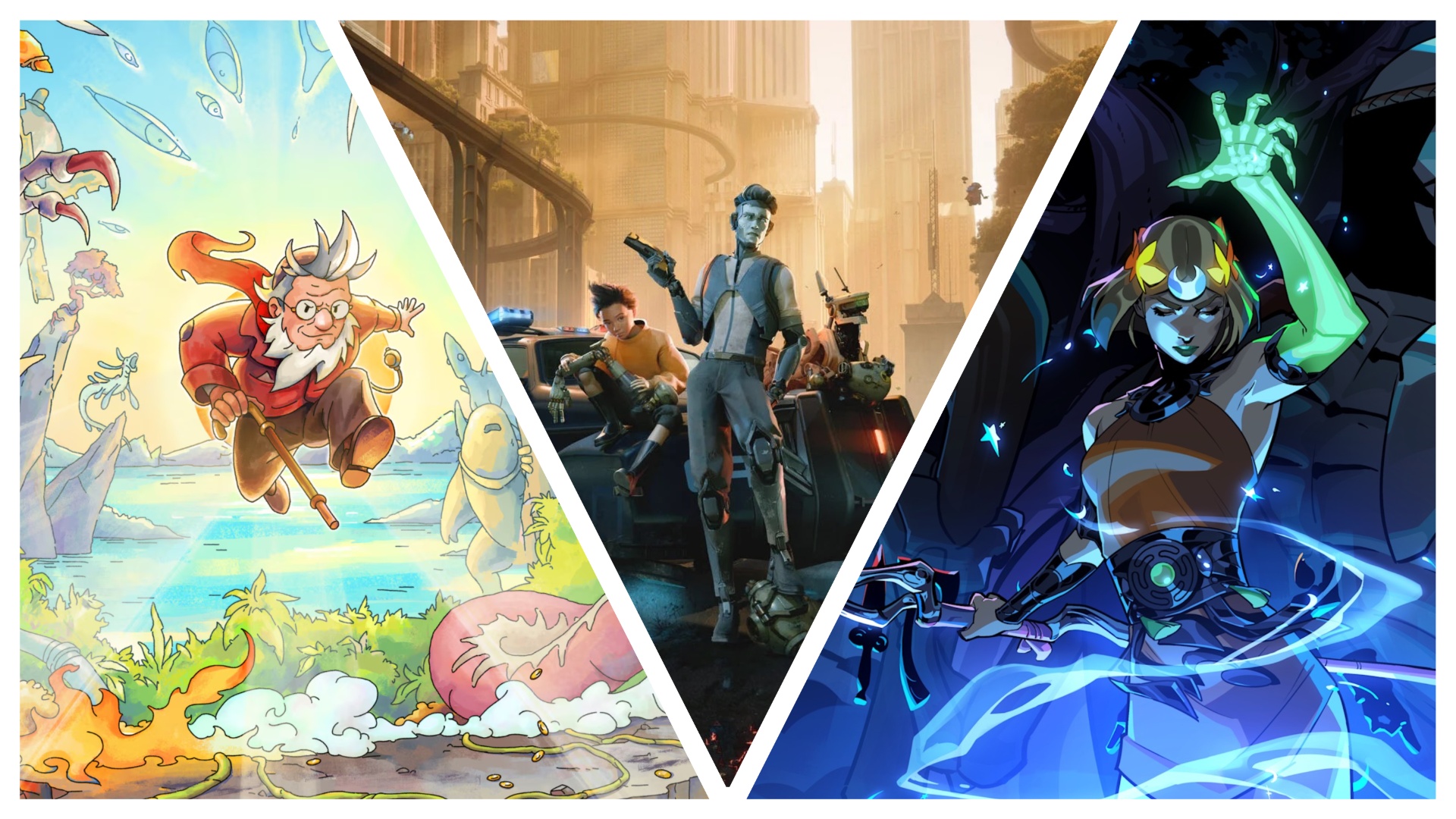 Three images from games sliced together from left to right: The Eternal Life of Goldman, Artificial Detective and Hades 2