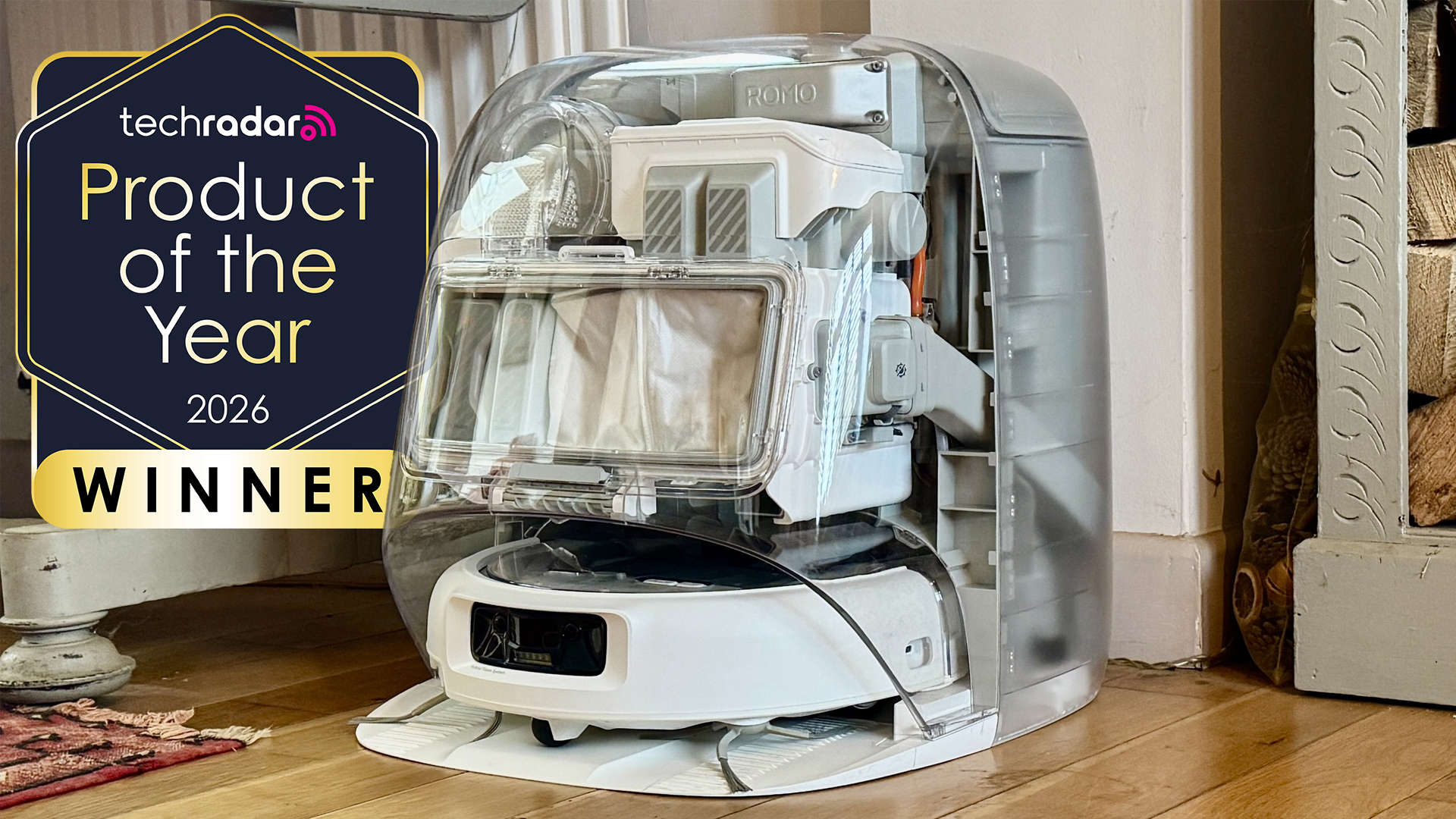 DJI Romo P robot vacuum in a home, with a logo saying TechRadar Product of the year winner 2026