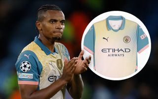 Manuel Akanji, with the Manchester City fourth shirt inset