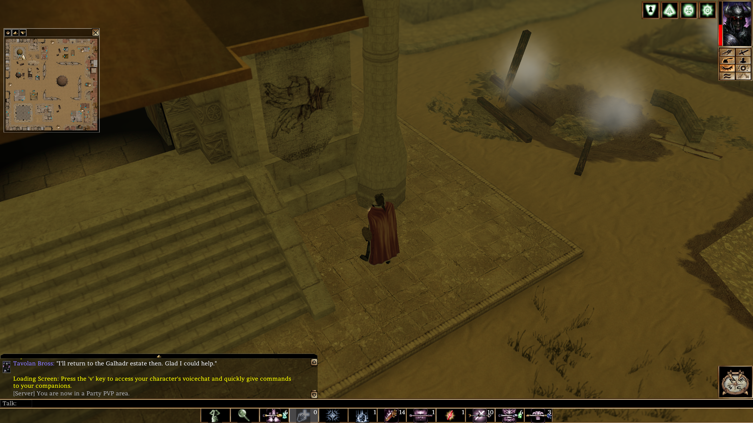 Neverwinter Nights Swordflight screenshot showing human character next to burned building.