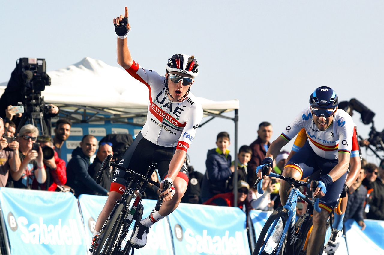 Tadej Pogacar (UAE Team Emirates) wins stage 2 of the 2020 Volta a la Comunitat Valenciana ahead of Movistar&rsquo;s Alejandro Valverde