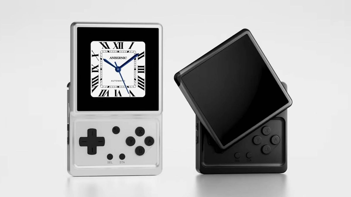 Black and silver Anbernic RG Rotate with gray backdrop and clock face on silver version.