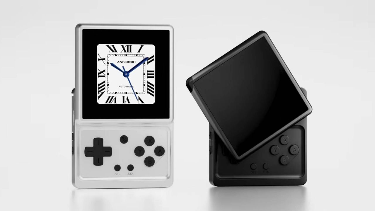 Black and silver Anbernic RG Rotate with gray backdrop and clock face on silver version.