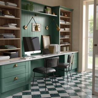 Green multi-purpose office desk with shelving, draws, and built in lamps
