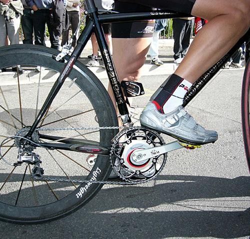 A close-up of the SRM crankset fitted to Roberts' own bike that he was using in the pre-season