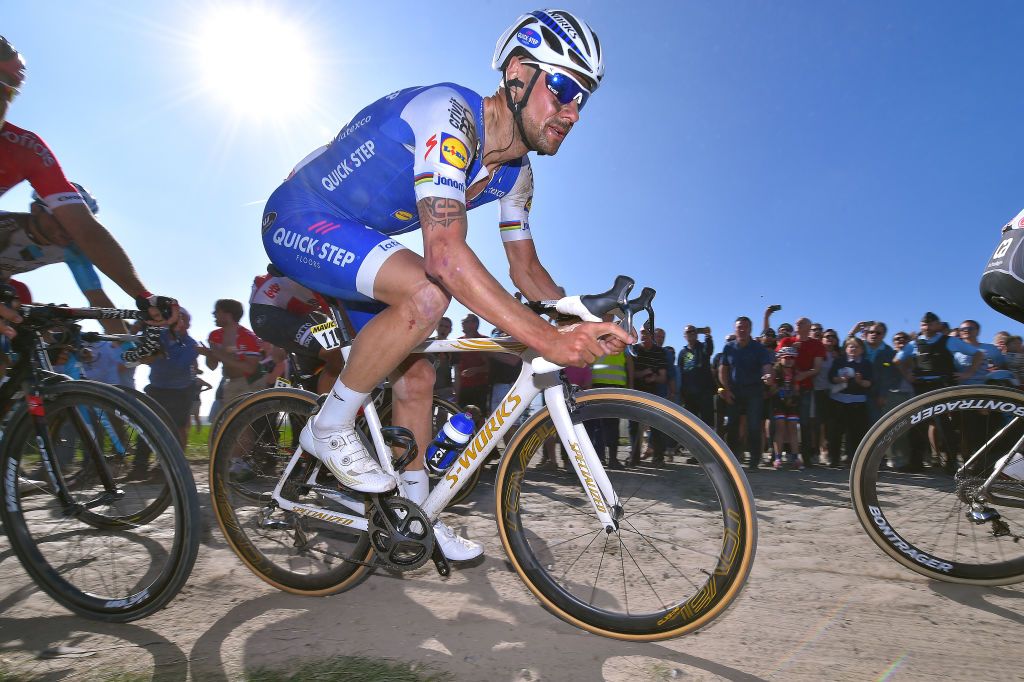 Quick-Step&rsquo;s Tom Boonen aboard his custom-painted Specialized S-Works Roubaix at the 2017 Paris-Roubaix