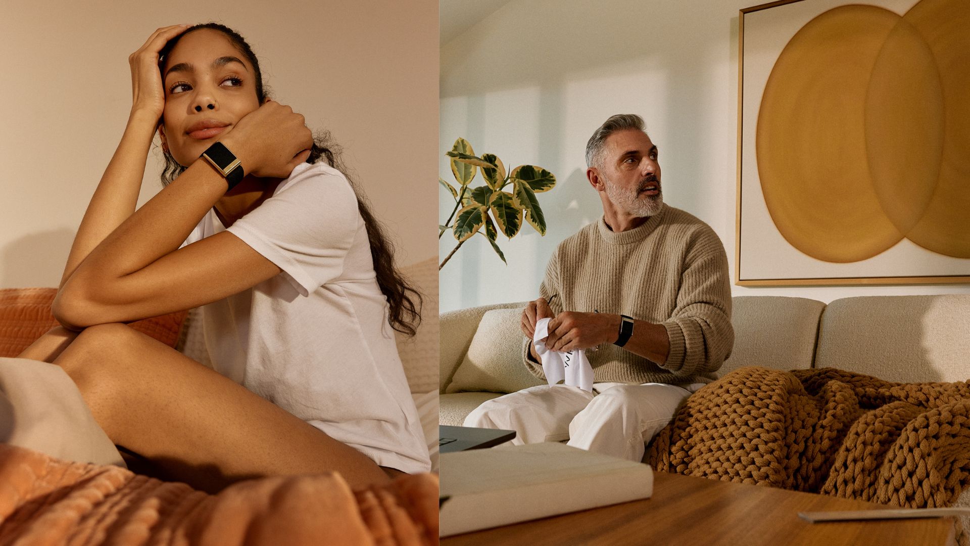Two pictures side by side of woman (left) sitting up wearing Whoop sleep tracker on wrist in bed with amber bedding. Man (right)