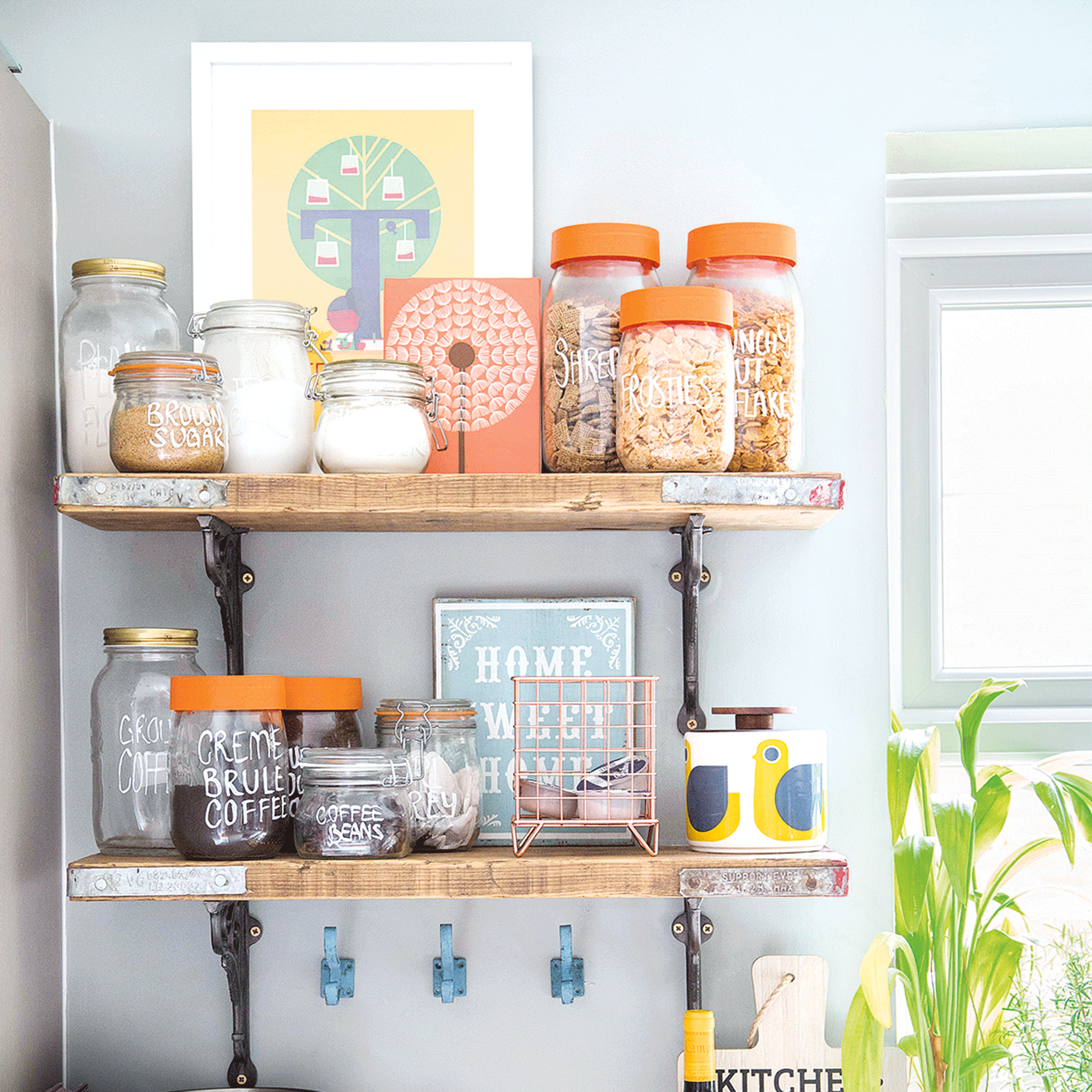 Kitchen shelves with storage jars