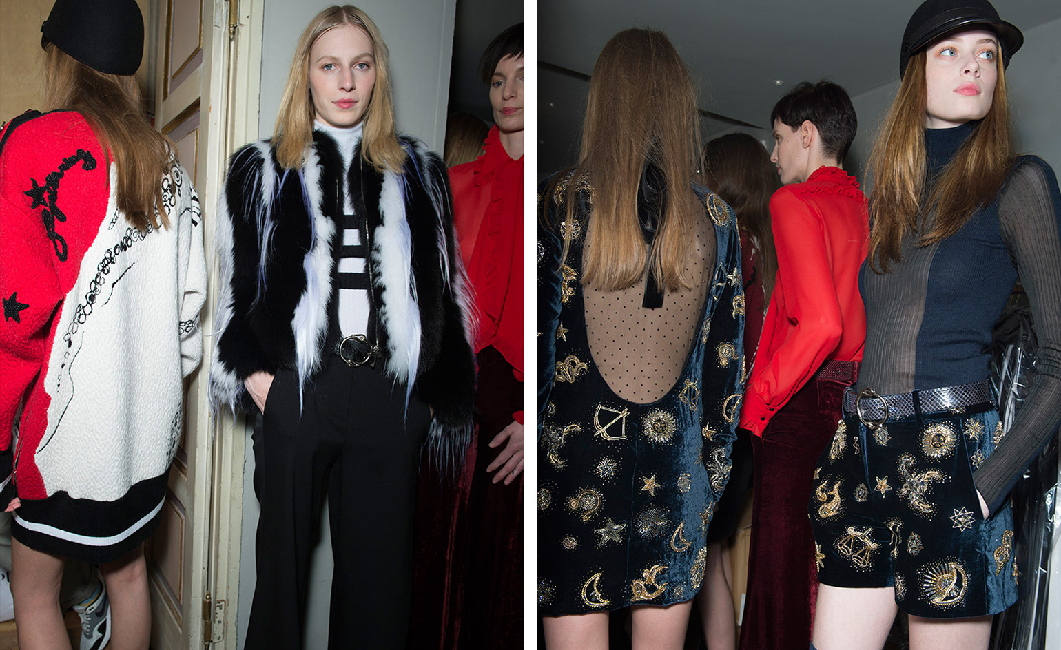 Models wearing deep blue pants and shorts with celestial embroidery, paired with see-through shirts and black fur coats, from Emilio Pucci A/W 2015 collection.