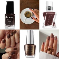 Dark espresso brown nails, a little coffee cup moment, glossy chocolate mani and swirly brown nail art with gold rings, all the fall nail inspo