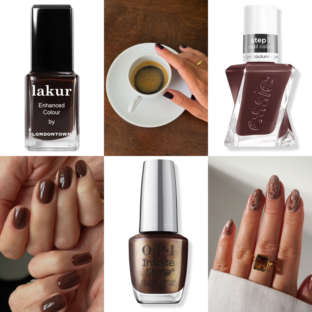 Dark espresso brown nails, a little coffee cup moment, glossy chocolate mani and swirly brown nail art with gold rings, all the fall nail inspo