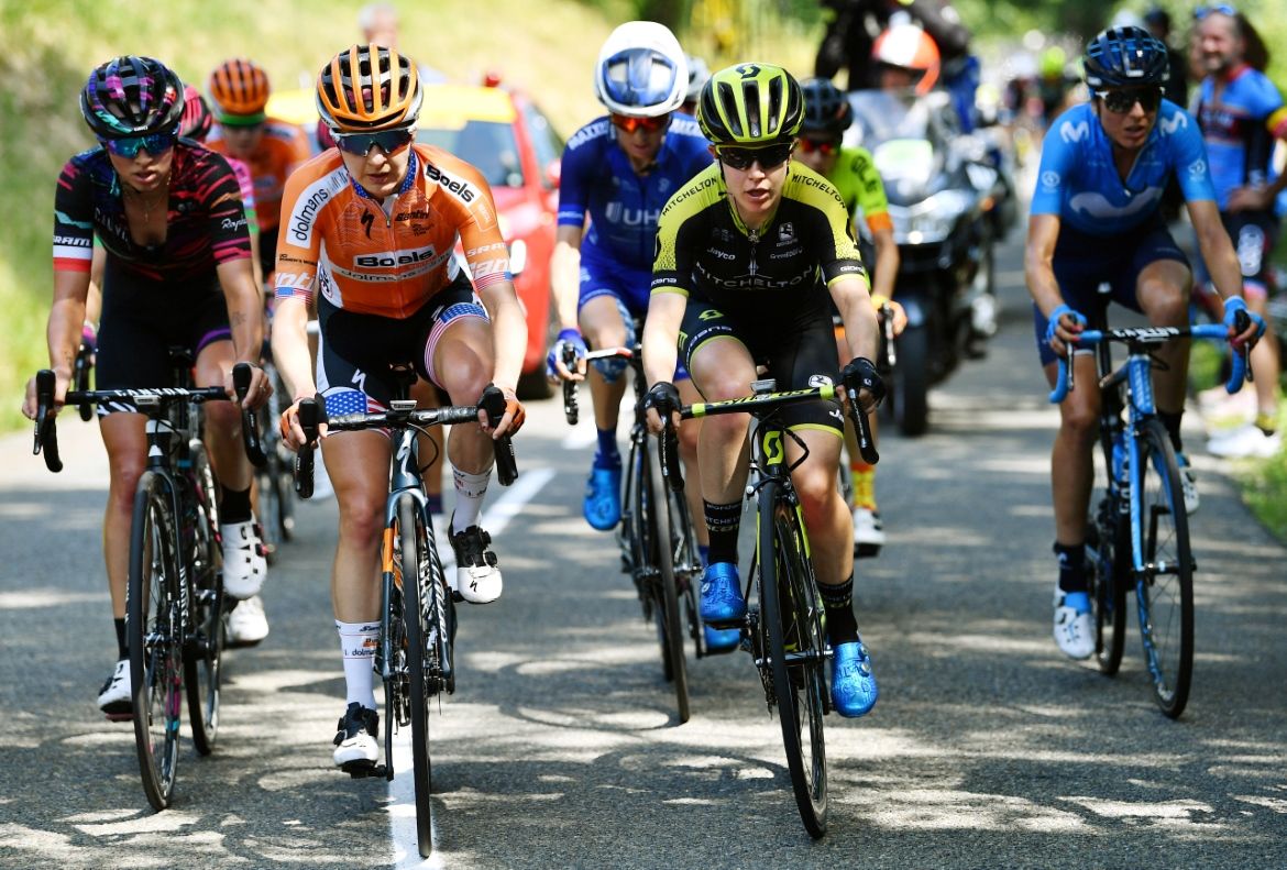 Katarzyna Niewiadoma (Canyon SRAM Racing Team), Megan Guarnier (Boels - Dolmans Cycling Team), and Amanda Spratt (Team Mitchelton-Scott)