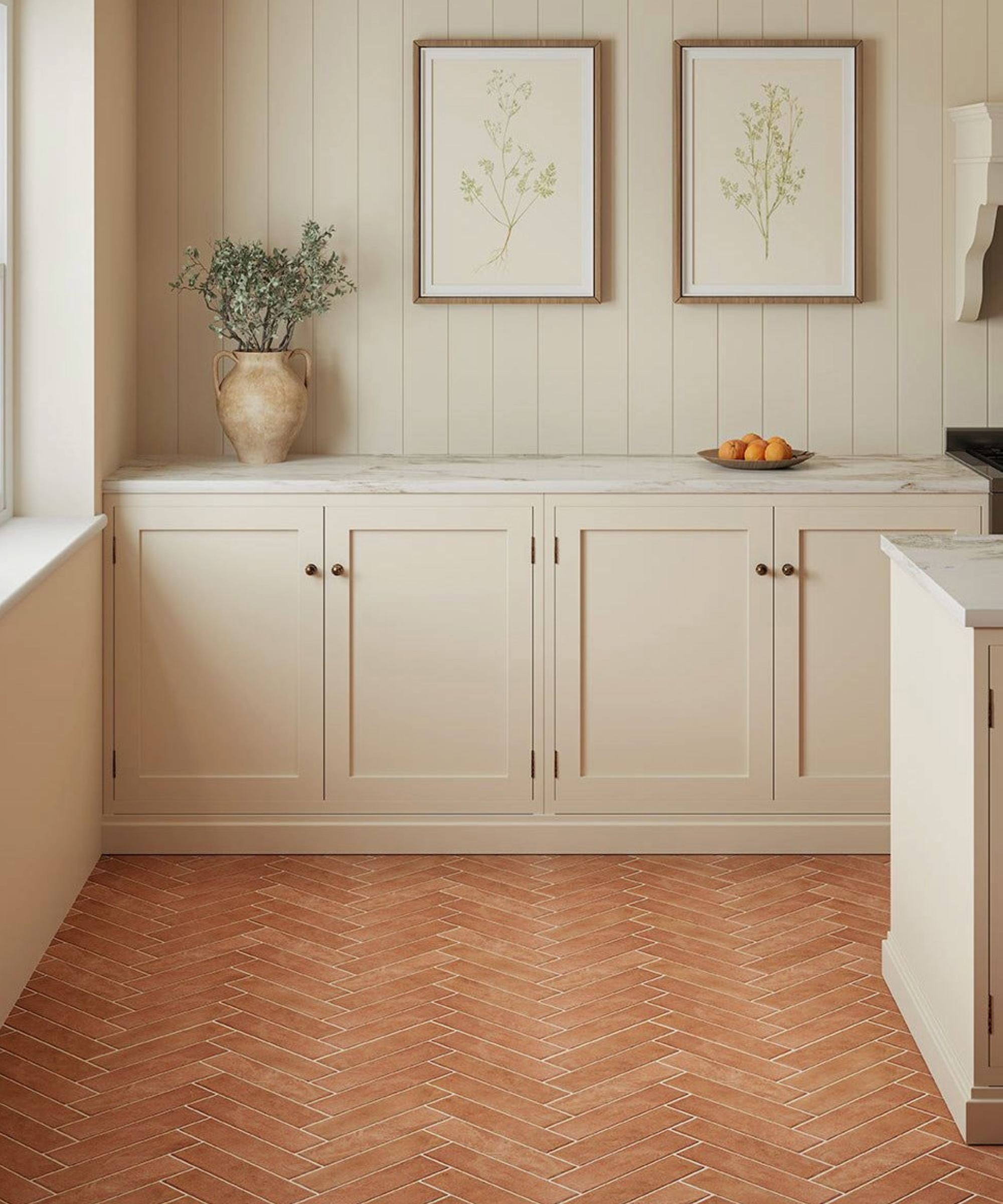 Kitchen with terracotta tiles and neutral cabinets and paneled walls