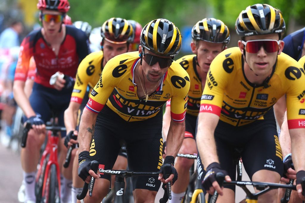 JumboVismas Slovenian rider Primoz Roglic rides during the sixteenth stage of the Giro dItalia 2023 cycling race 203 km between Sabbio Chiese and Monte Bondone near Cavedine on May 23 2023 Photo by Luca Bettini AFP Photo by LUCA BETTINIAFP via Getty Images