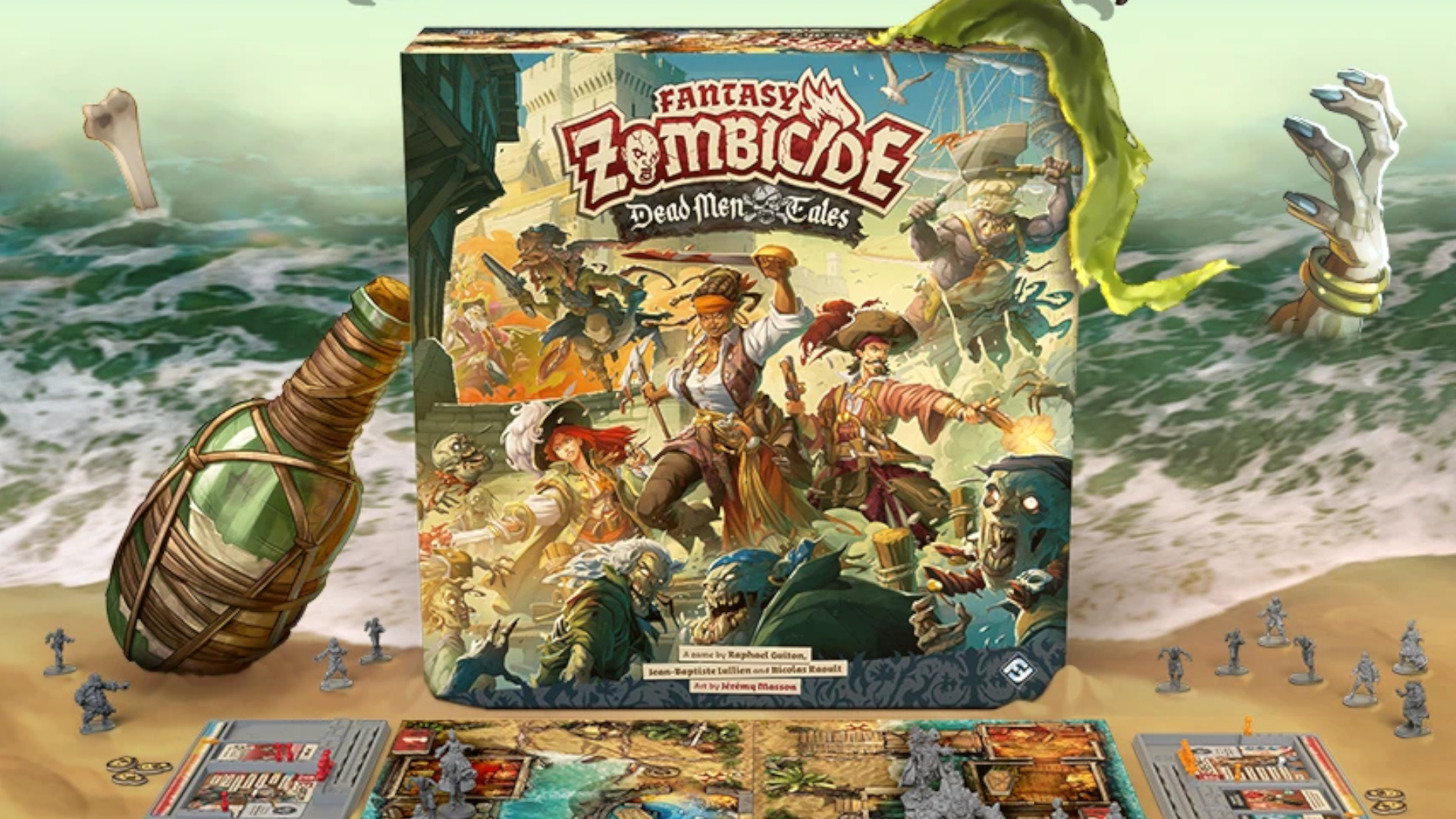 The Zombicide: Dead Men Tales box on a beach background, with a bottle leaning against it