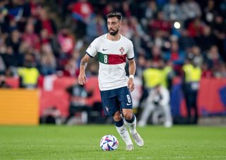 Bruno Fernandes of Portugal in action during the UEFA Nations League League A Group 2 match between Czech Republic and Portugal at Fortuna Arena on September 24, 2022 in Prague, Czech Republic.