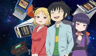 Hi Score Girl characters standing in front of a galaxy of arcade machines