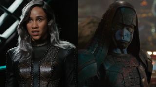 Zawe Ashton in The Marvels and Lee Pace in Guardians of the Galaxy