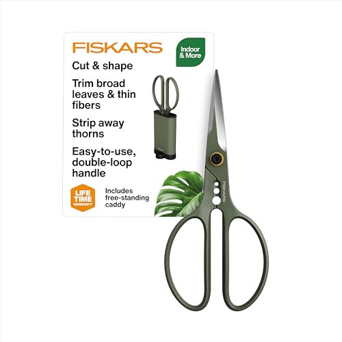 Fiskars Plant Shaping Shears &amp;amp; Holder, Precision Indoor Gardening Snips With Storage Caddy, Forged Stainless Steel Blades for Clean Cuts on Broad Leaves, Ambidextrous Handles &amp;amp; Stem Stripper, 6"