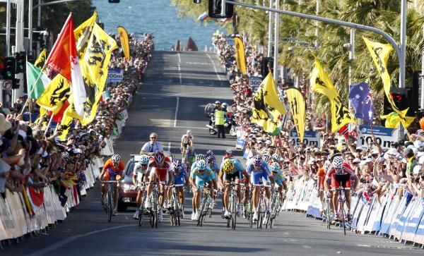 Thor Hushovd (Norway) sneaks out and shows his face as he starts his sprint.