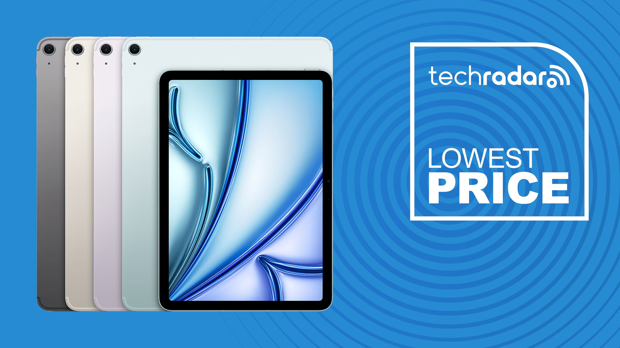Apple iPad Air 11-inch with M3 chip in all colors on blue background with TechRadar lowest price sign