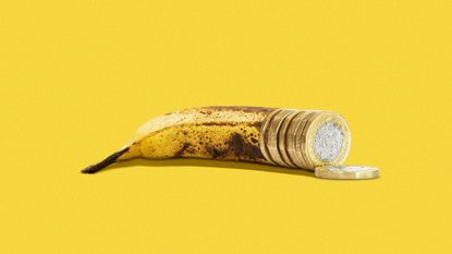 Illustration of a brown banana turning into pound coins