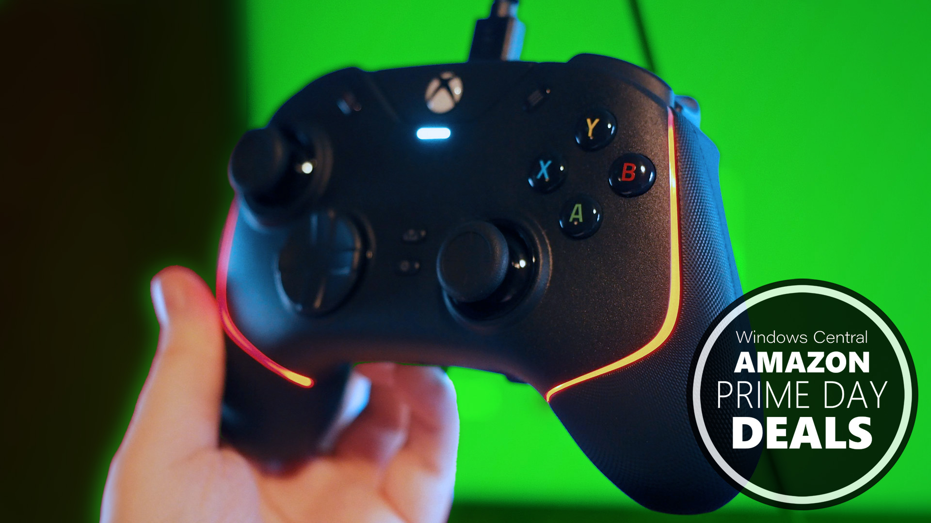Razer Wolverine V2 Chroma in front of a green background with Amazon Prime Day deals logo