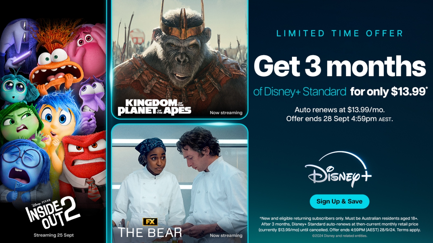 Image from Inside Out 2, The Bear and Kingdom of the Planet of the Apes next to a banner that outlines the Disney Plus 3 months for $13.99 offer