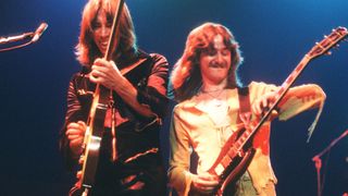 Boston perform on stage, New York, 1977, L-R Tom Scholz, Barry Goudreau